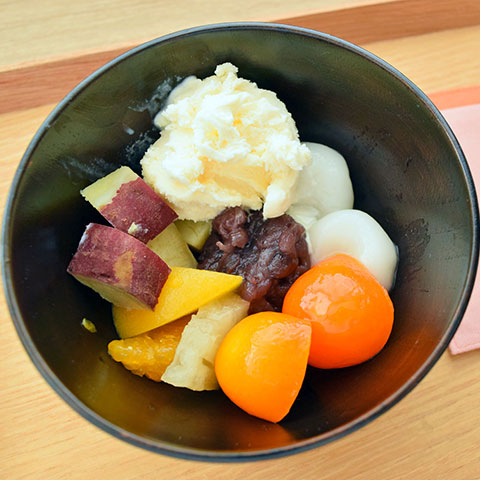 金柑とさつまいものクリームあんみつ