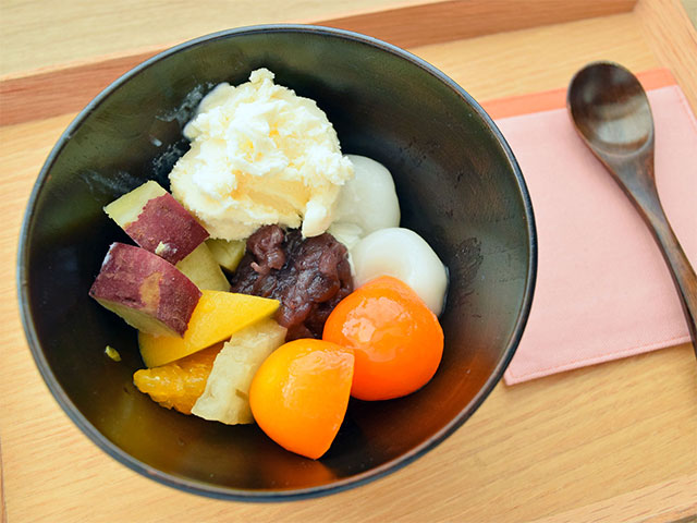 金柑とさつまいものクリームあんみつ