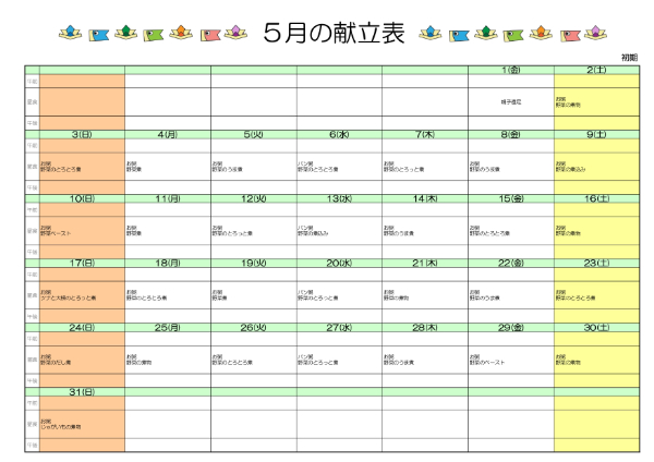 離乳食献立表：初期