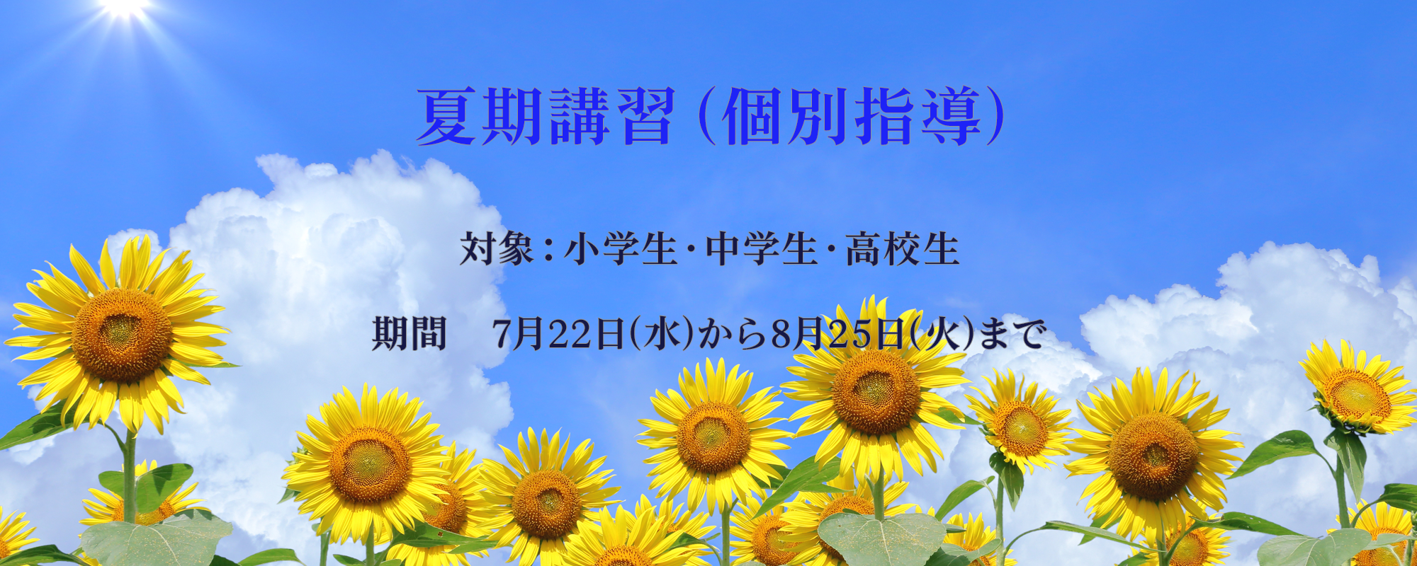 夏期講習（個別指導） 対象：小学生・中学生・高校生  高校3年生・中学3年生・小学生の夏期講習 募集受付終了（通常授業は受付中）  期間　7月22日