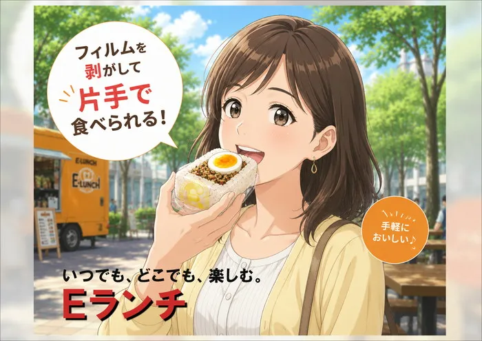 フィルムを剥がして片手で食べられる！いつでも、どこでも、楽しむ。Eランチ