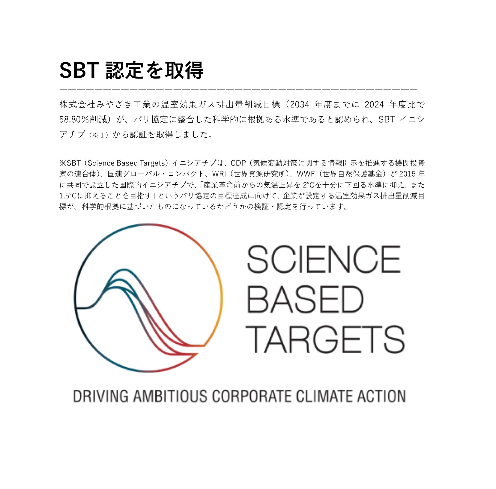 SBT認定を取得　株式会社みやざき工業の温室効果ガス排出量削減目標（2034年度までに2024年度比で58.80％削減）が、パリ協定に整合した科学的に根拠ある水準であると認められ、SBTイニシアチブから認証を取得しました。