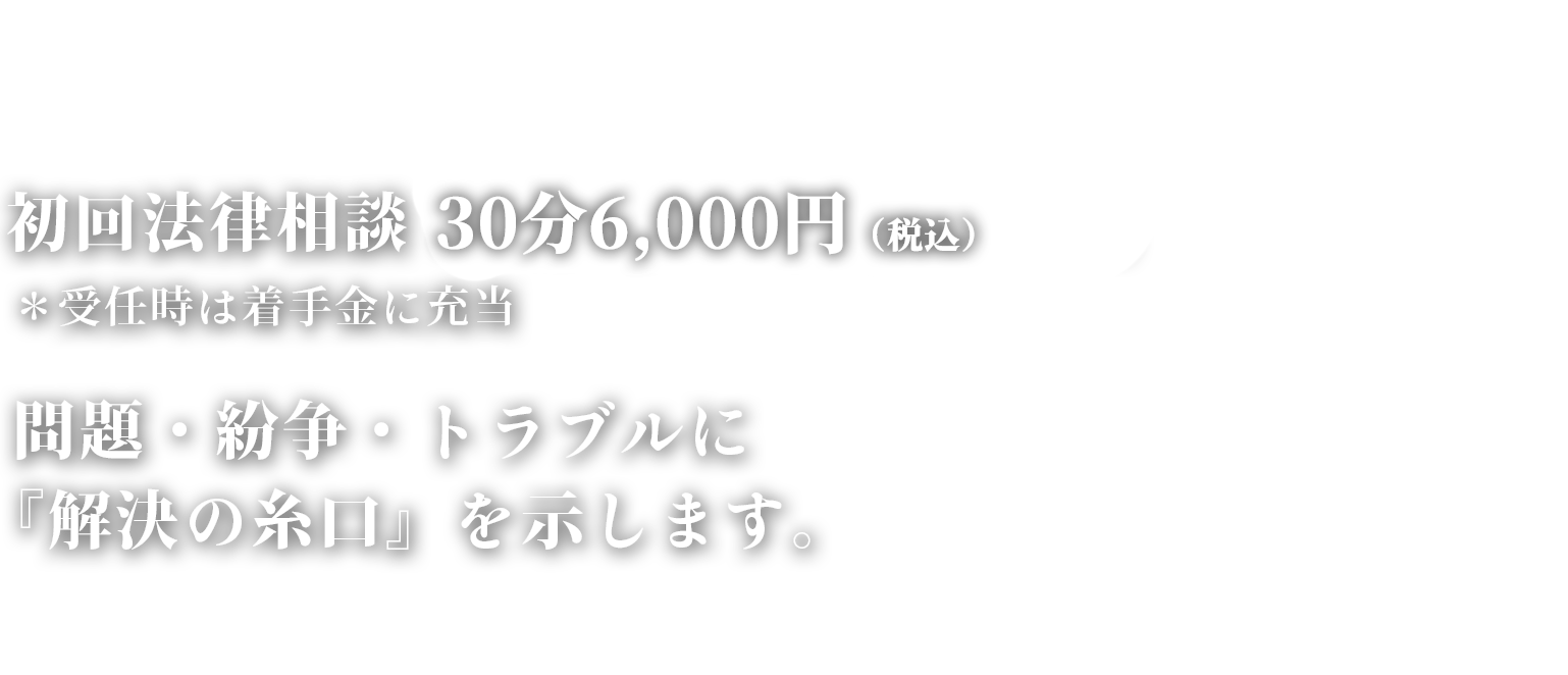 初回法律相談 30分6,000円
            ＊受任時は報酬に充当

            問題・紛争・トラブルに
            『解決の糸口』を示します。