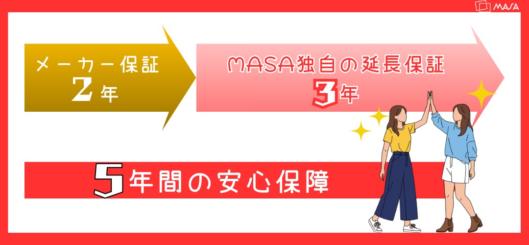 メーカー保証2年・MASA独自の延長保証3年