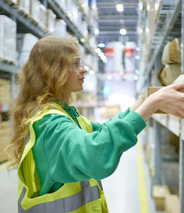 荷物を棚から取り出す人