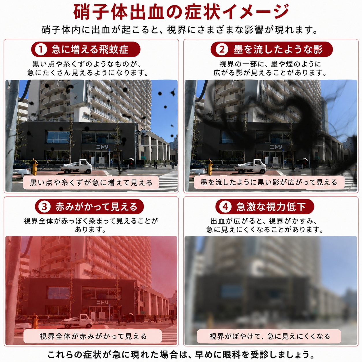 硝子体出血の症状イメージ（急に増える飛蚊症・墨を流したような影・赤みがかって見える・急激な視力低下）