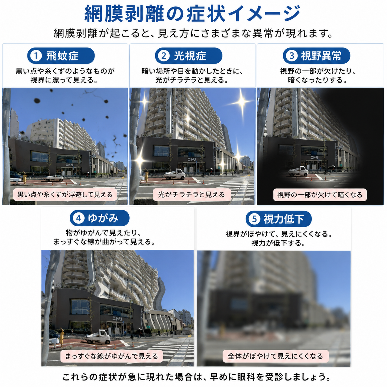 網膜剥離の症状イメージ（飛蚊症・光視症・視野異常・ゆがみ・視力低下）