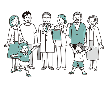 医療スタッフ二人と3世代家族のイラスト