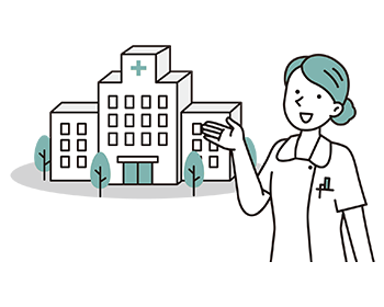 女性の医療スタッフが病院の建物を案内するイラスト
