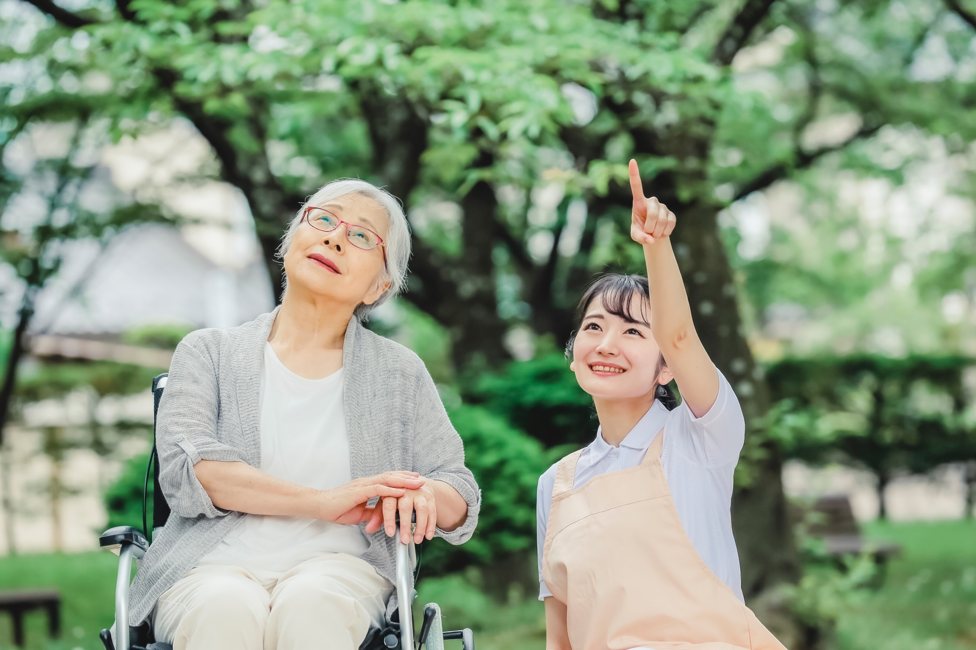 空を見上げる車イスに乗る高齢女性と空を指さす女性介護士