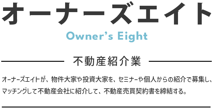 【不動産紹介業】オーナーズエイトが、物件大家や投資大家を、セミナーや個人からの紹介で募集し、マッチングして不動産会社に紹介して、不動産売買契約書を締結する。