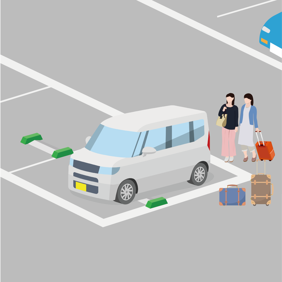 租車停車場內，女客人拿著行李箱與小型車合影