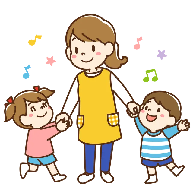 保育者と手をつなぐ子どもたちのイラスト