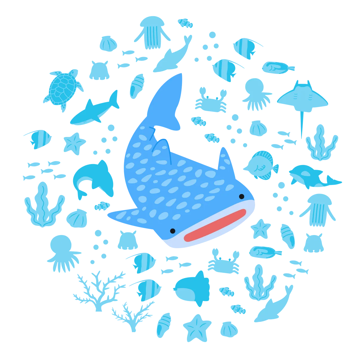 海のなかを泳ぐ生きものたちのイラスト