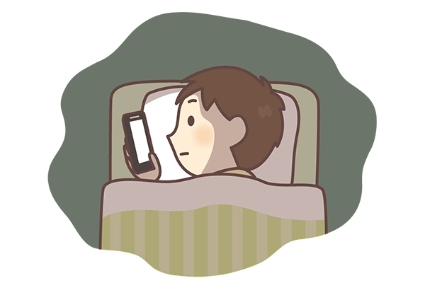 夜遅くまでスマートフォンを見ている人のイラスト