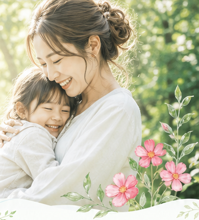 森の光の中で笑顔を見せる親子