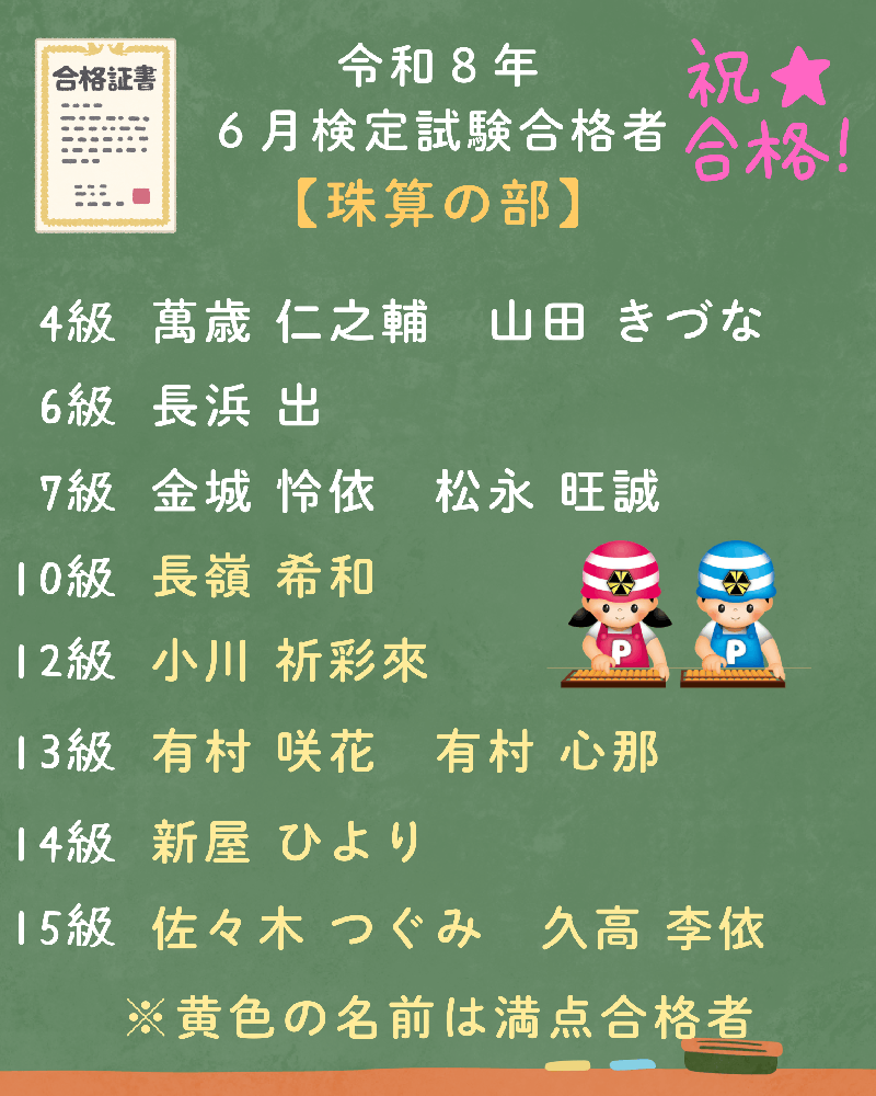 令和８年６月検定試験合格者