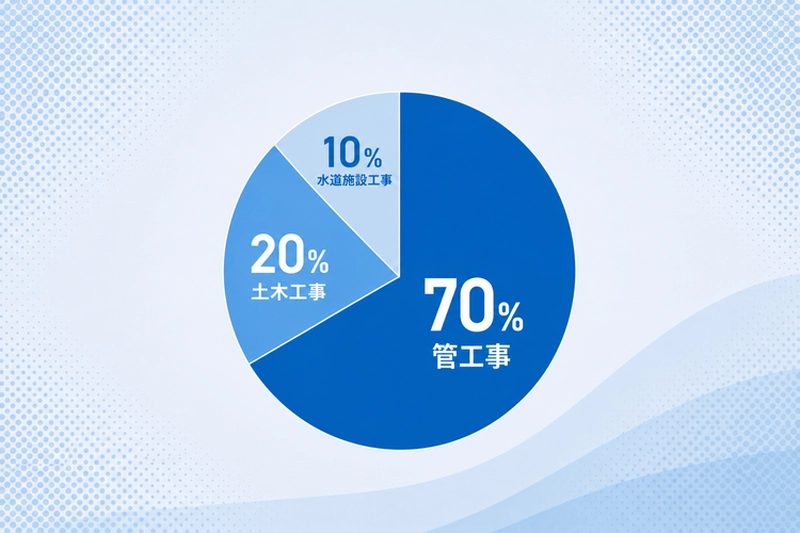 工事の割合 管工事70% 土木工事20% 水道施設工事10%