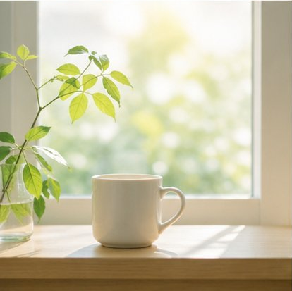 窓辺のマグカップと観葉植物