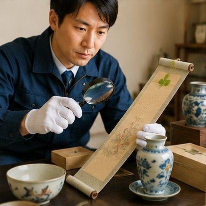骨董品を鑑定する様子