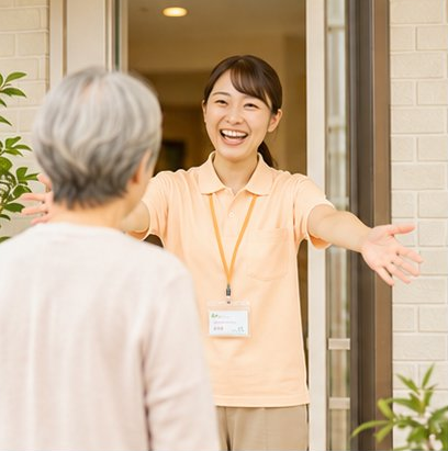 玄関でご利用者を笑顔で迎えるスタッフ
