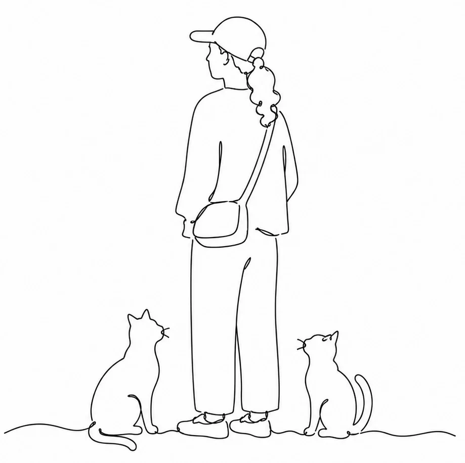 看板猫と来場者のイラスト