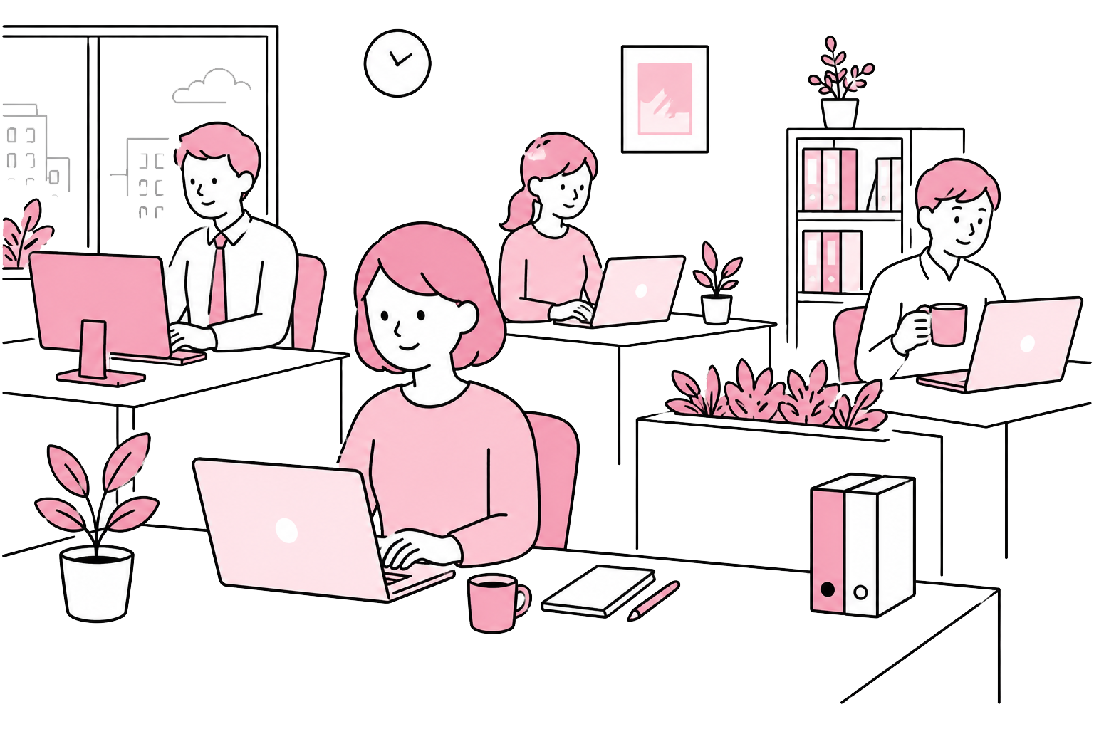 明るいオフィスでみんなで働くイラスト