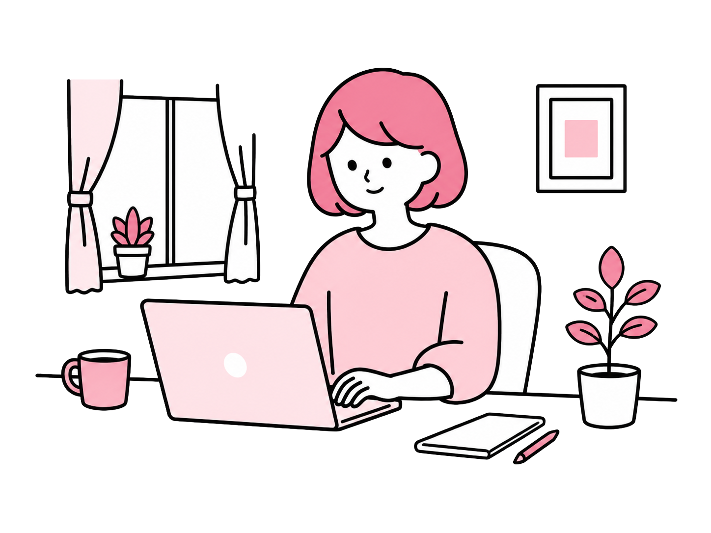 自宅のデスクでリラックスして在宅ワークするイラスト
