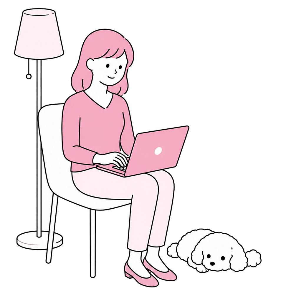 自宅でリラックスして在宅ワークする女性のイラスト