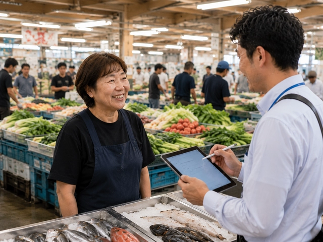 市場でウォッチャーから景気の実感を聞き取る調査の様子