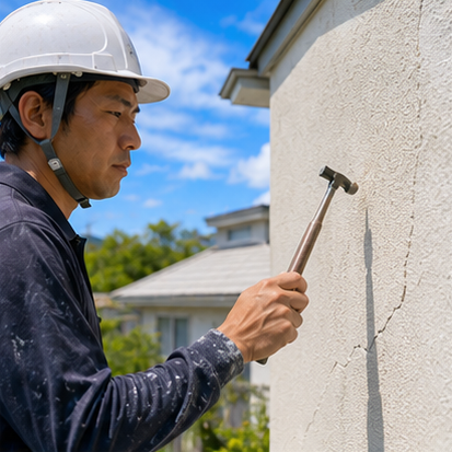 外壁のひび割れを打診調査する職人