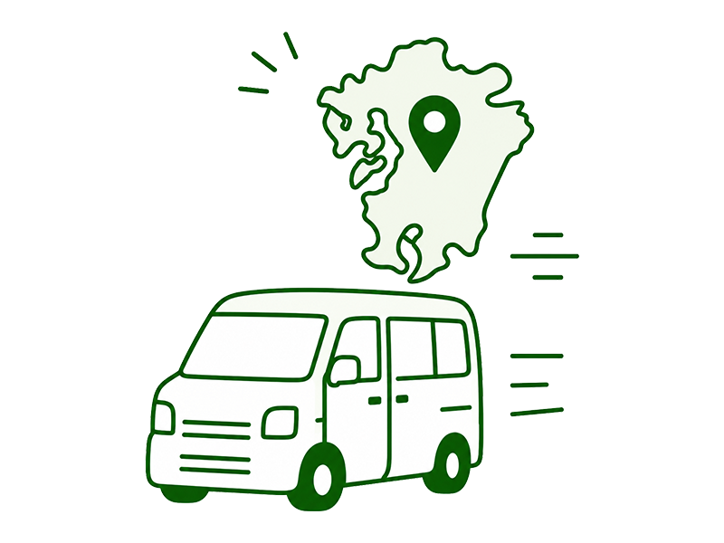 九州全域へ駆けつける車のイラスト