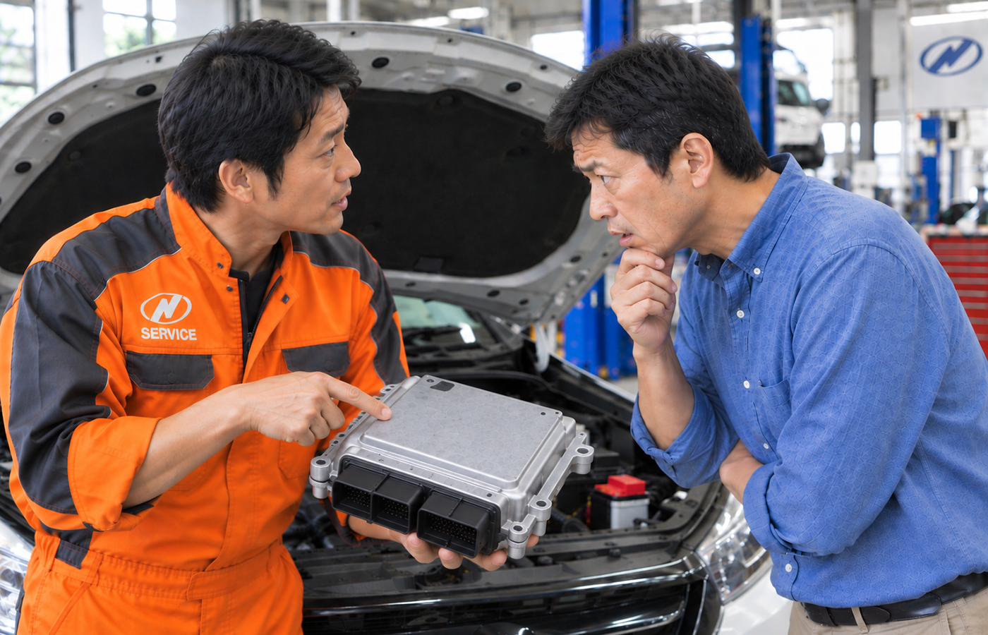 ディーラーで車両コンピューター（ECU）の新品総交換を説明される様子