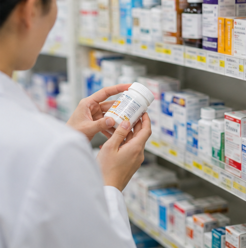 売り場の棚から市販薬をご案内する薬剤師