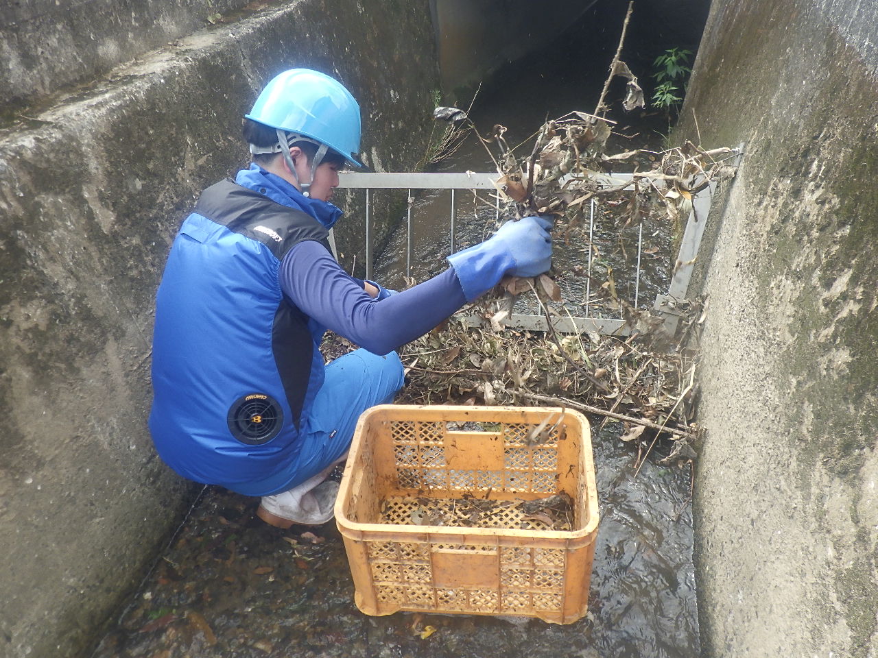 水路スクリーンの清掃作業