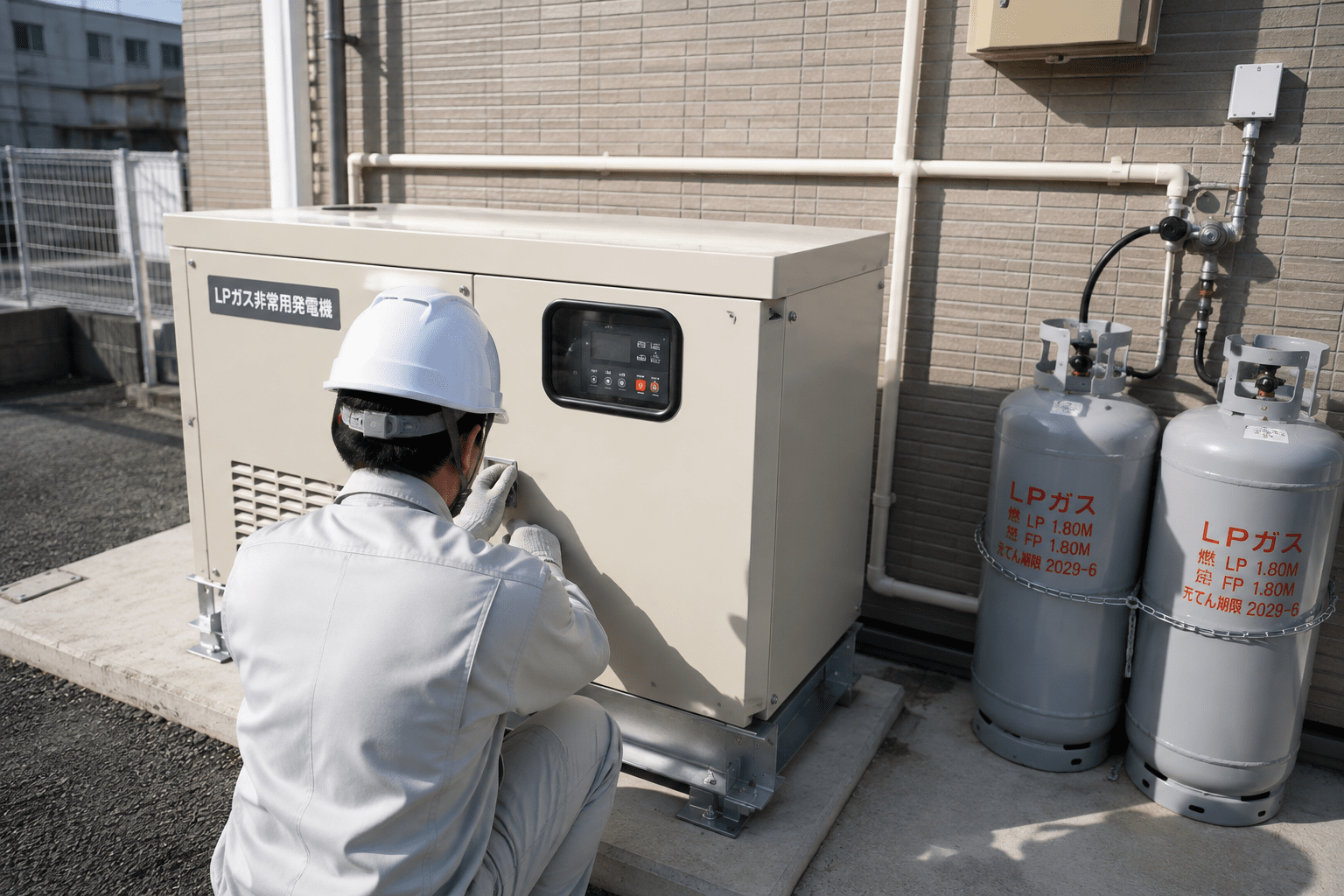 LPガス非常用発電機の設置作業