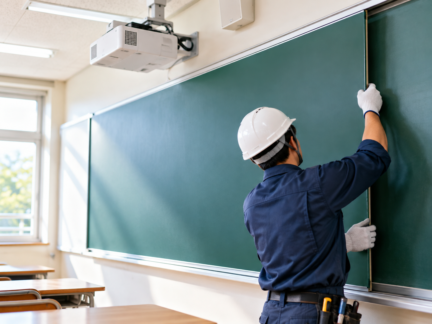 プロジェクター下で黒板の張替えを行う職人