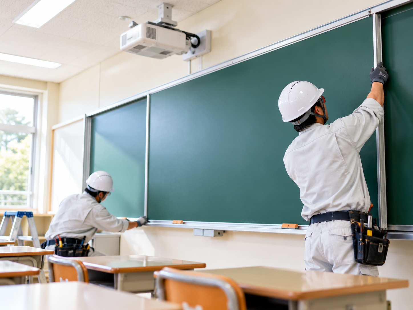 黒板の設置施工を行う作業員
