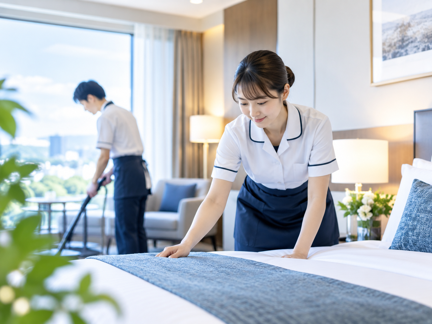 客室を整えるスタッフ