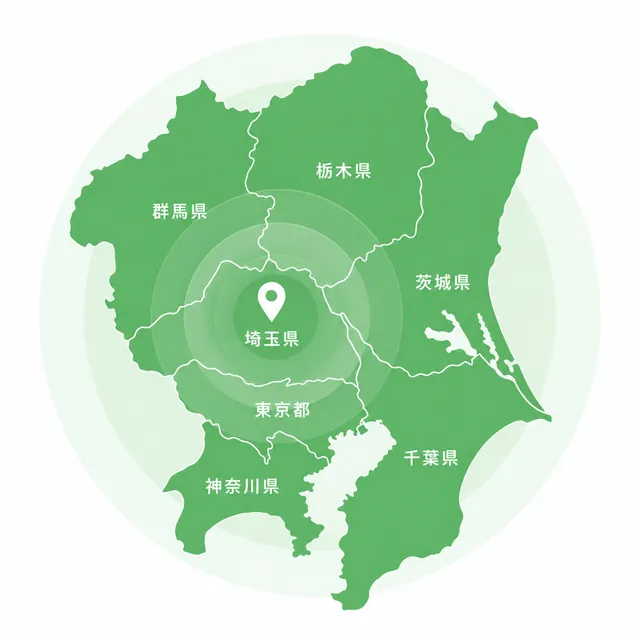 対応エリアマップ（関東全域／拠点：埼玉県熊谷市）