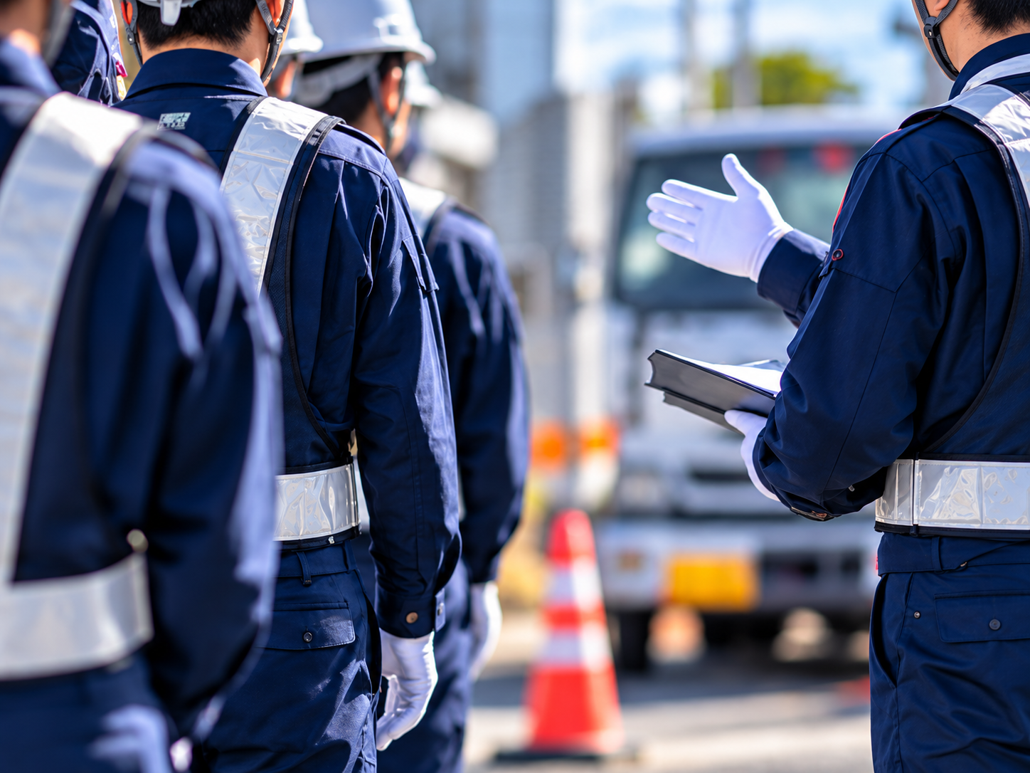 整列して指導を受ける社員
