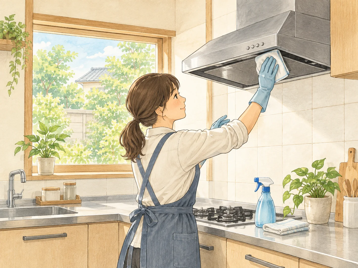換気扇を丁寧にお掃除するイメージイラスト