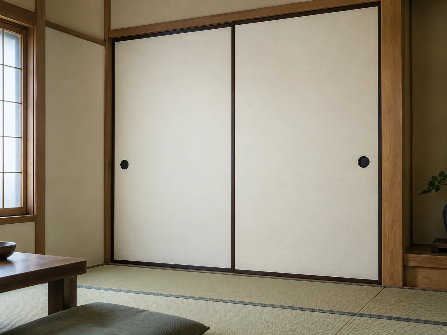 淡い和紙調の襖と丸い引手を合わせた和室のイメージ