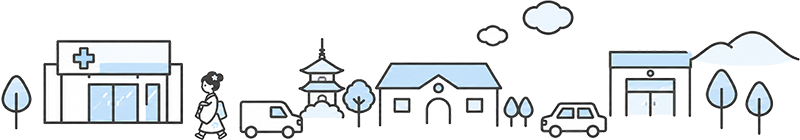 薬局や寺院、家、車が並ぶ京都・滋賀のまちなみのイラスト