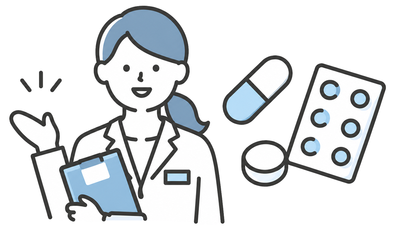 お薬とカルテを持つ女性薬剤師のイラスト