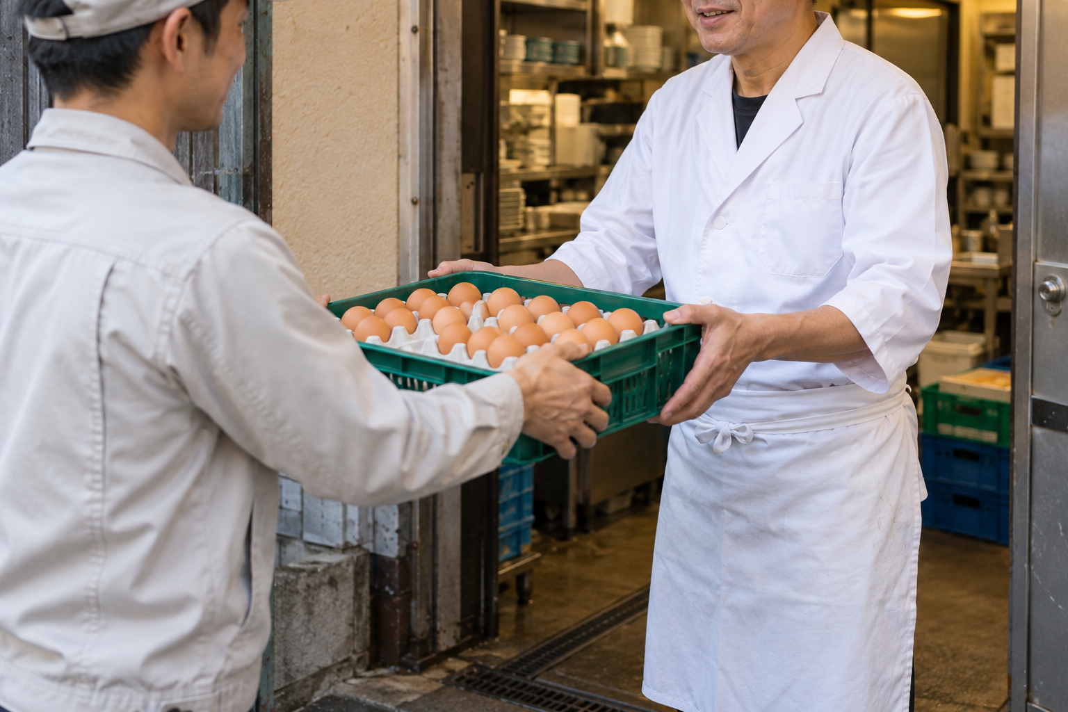 飲食店へ鶏卵をお届けする様子