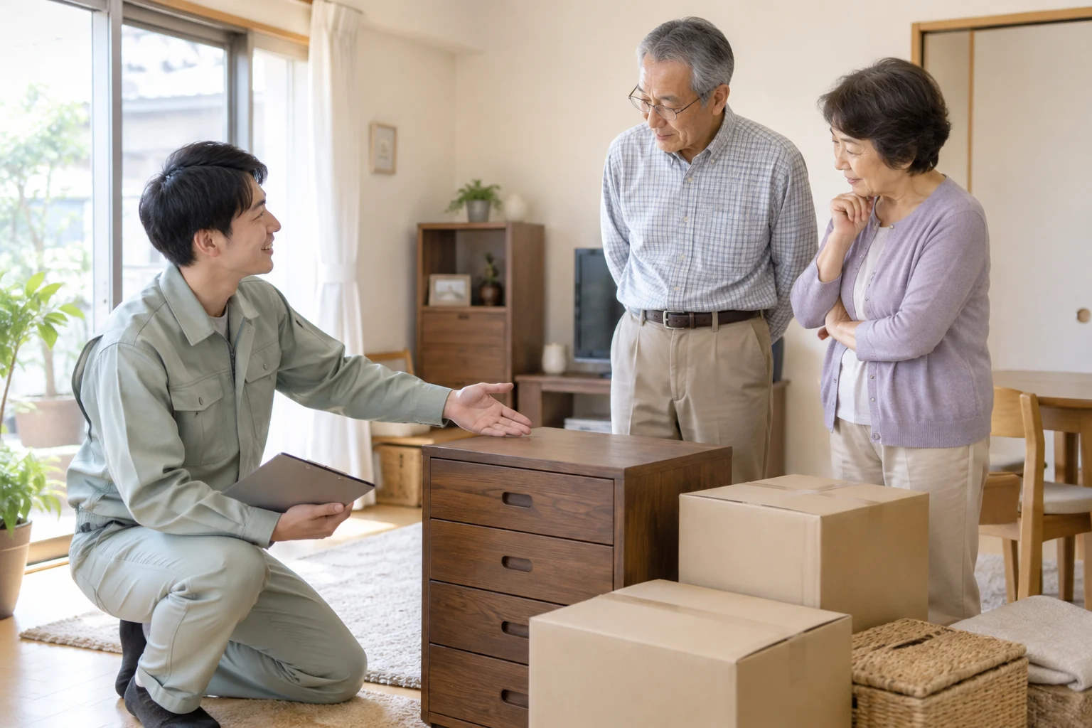 実家のお片付けをスタッフに相談するイメージ