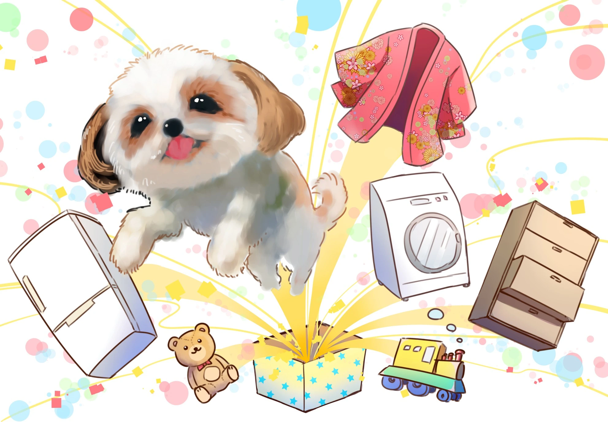 看板犬ふくちゃんと家電・着物・家具が飛び出すイラスト