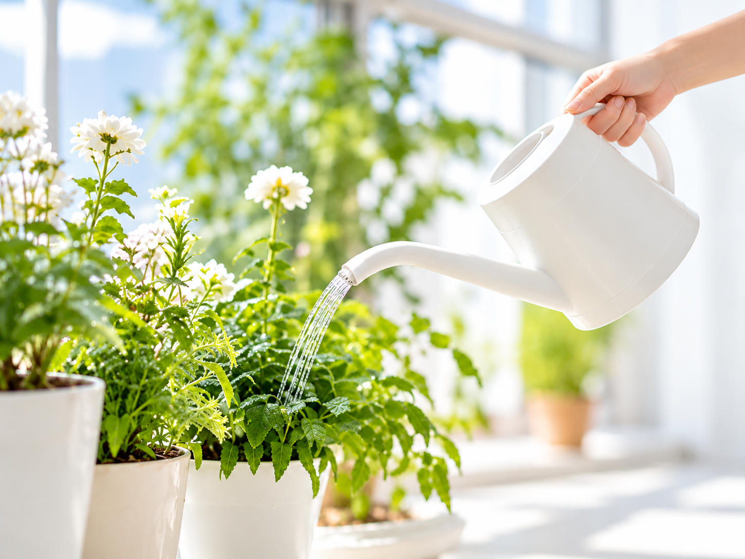 鉢植えの花に水やりをする様子