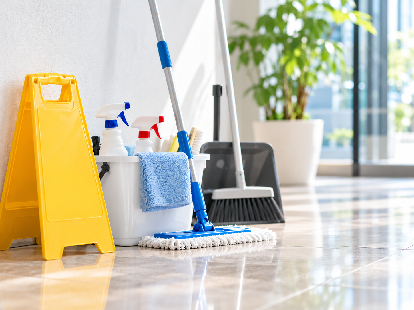ロビーに並んだ清掃用具